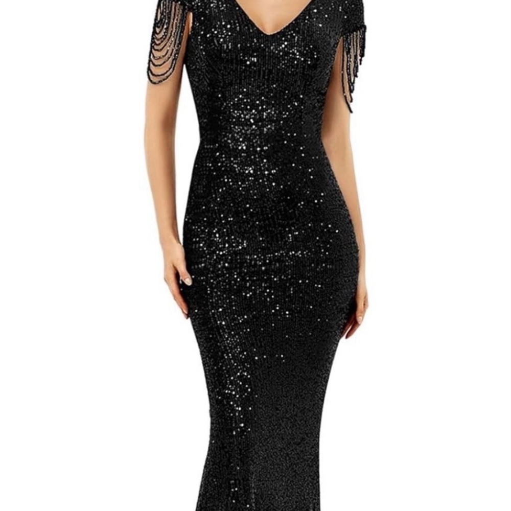 Ever Pretty Black Sequin Evening Gown with Beaded Fringe